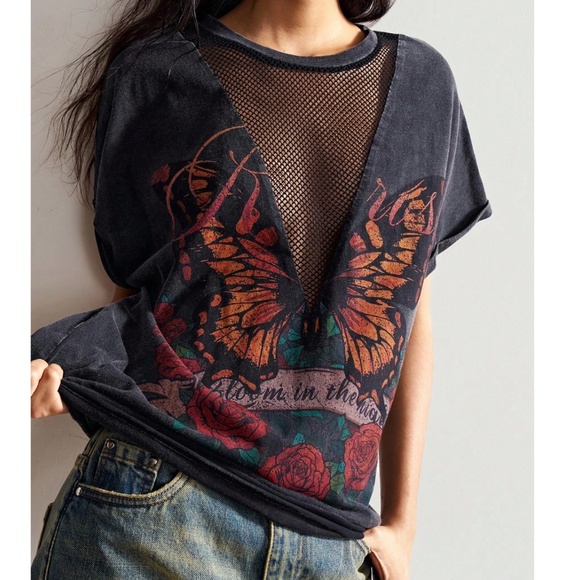 Mineral Wash Mesh Butterfly Rose print Loose Fit Top - Picture 1 of 6